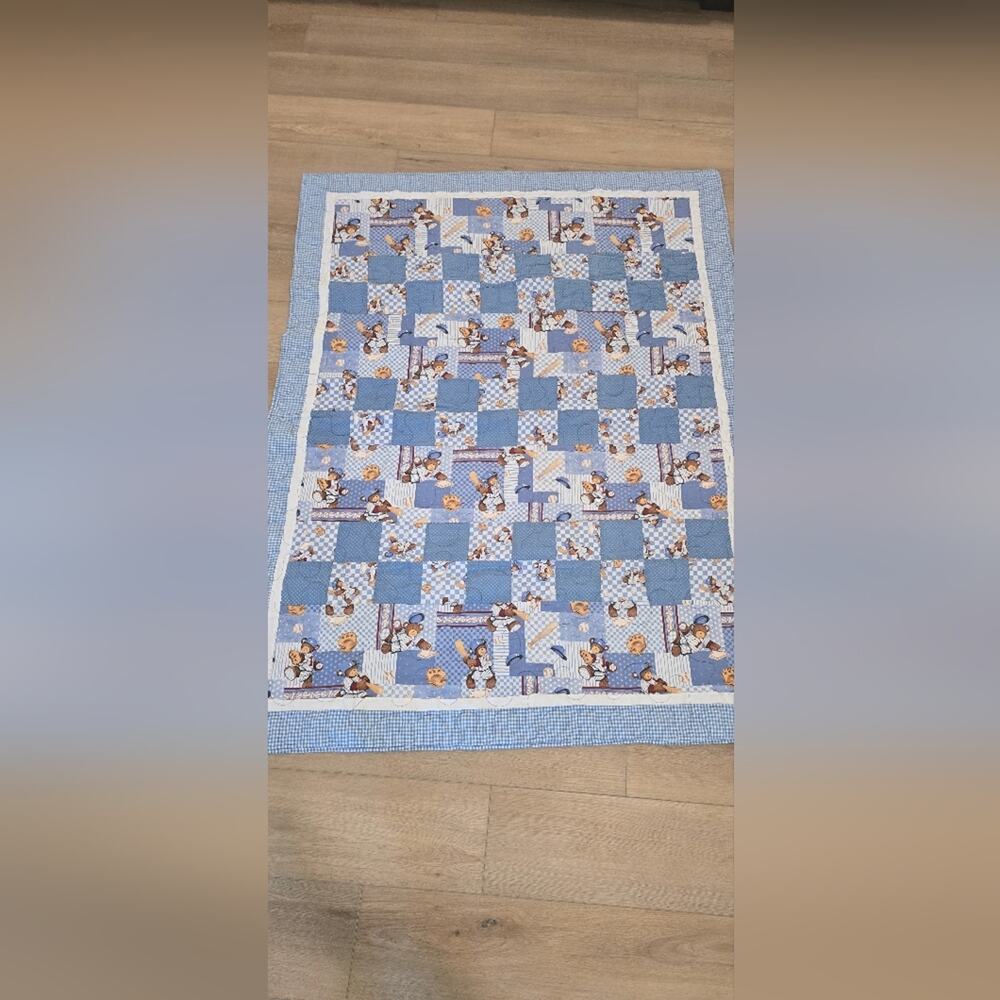 Friendship batter up vintage quilt boys bear blue 48x65 A18